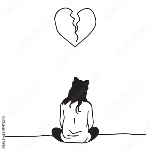 Person sitting alone loneliness and isolation concept minimal line art vector illustration on white background.
