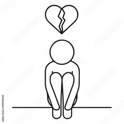 Person sitting alone loneliness and isolation concept minimal line art vector illustration on white background.