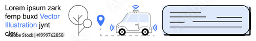 Transportation technology, GPS monitoring, wireless connectivity, future mobility, smart cars, geolocation systems. Self-driving car with signals, GPS pin tree and abstract text . Transportation