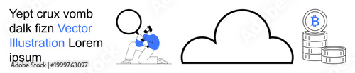 Cloud technology, cryptocurrency, data storage, digital security, blockchain finance, online transactions. Minimalist icons show a cloud, person analyzing and Bitcoin coins. Cloud technology