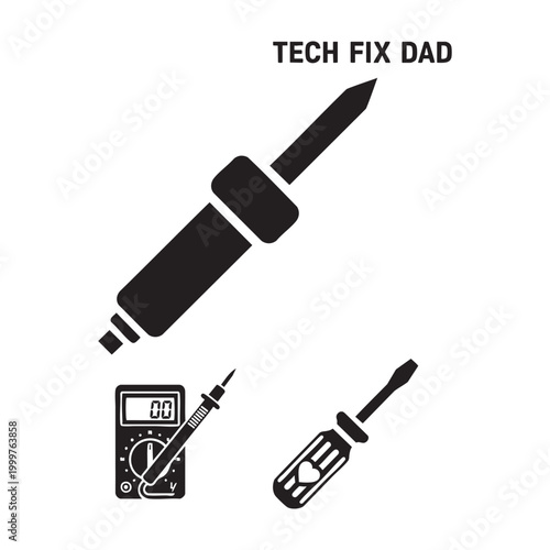 Tech fix dad icons with soldering iron and multimeter set