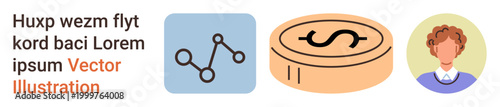Business finance, data sharing, human connection, online transactions, monetary value, digital economy. Coin symbol, network diagram and user avatar. Business finance and data sharing