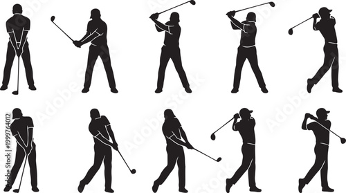 Professional Golf Full Swing Motion Mechanics Silhouette Icon Set.