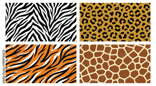 Colorful set of four wild animal skin seamless vector patterns showing zebra stripes and leopard spots and tiger fur textures