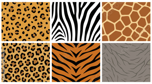 Extensive collection of six distinct seamless vector animal skin patterns and fur textures for various wild nature graphic designs.