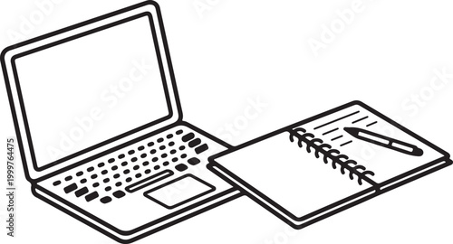 Laptop and notebook with pen placed together on flat surface for working.