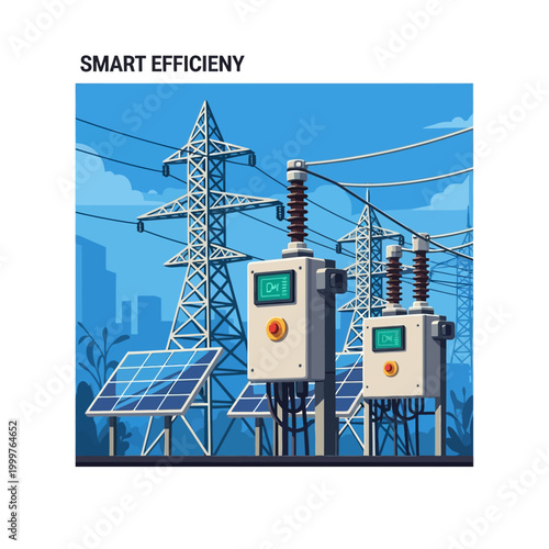 Electrical substation with solar panels and power lines.