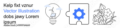 Renewable energy, technology, problem-solving, eco-friendly design, nature, sustainability. ion of a light bulb with solar panels, a puzzle gear and floral art. Renewable energy and technology