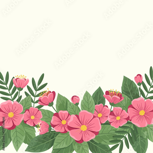 Pink Flowers and Green Leaves Border Design.