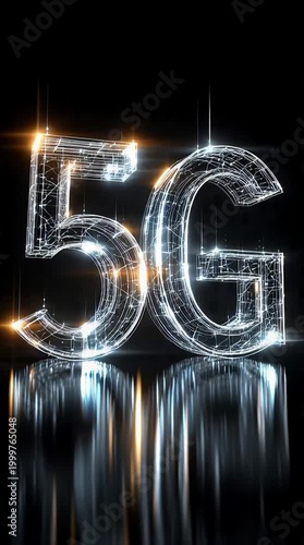 Glowing 5G Network Technology Futuristic Connection Symbol with Digital Abstract Lines and Reflection on Dark Background