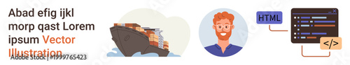 Shipping industry, technology careers, coding education, transport logistics, web development, and programming tools. Includes a cargo ship, person and coding screen. Shipping and technology careers