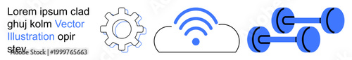 Technology integration, fitness lifestyle, cloud computing, wireless connectivity, innovation, data sharing. Gear, cloud with wireless icon dumbbells in modern design. Technology integration