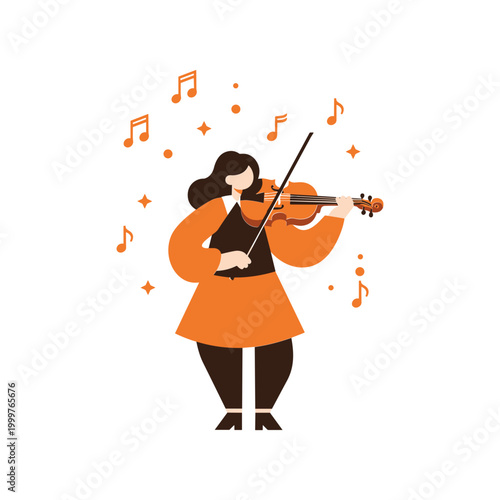 Woman Playing Violin with Musical Notes Floating Around