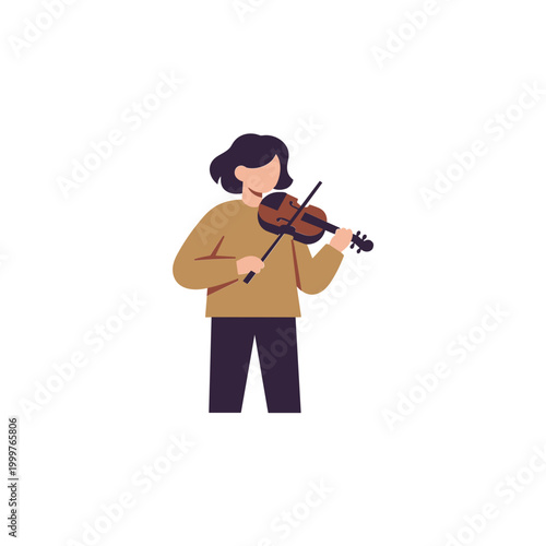 Young girl playing violin, flat illustration, isolated on white background