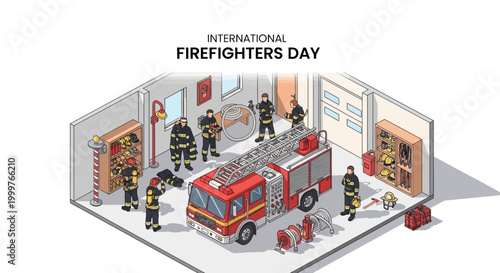 Isometric vector illustration commemorating International Firefighters Day, depicting a fire truck and a team of emergency service workers in uniform inside a fire station with various