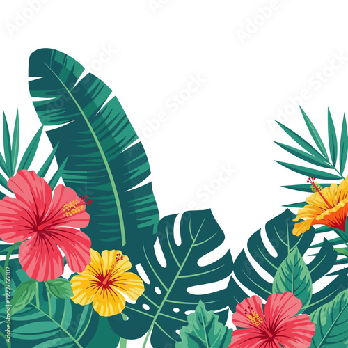 Vibrant Tropical Flowers and Lush Green Leaves Border.