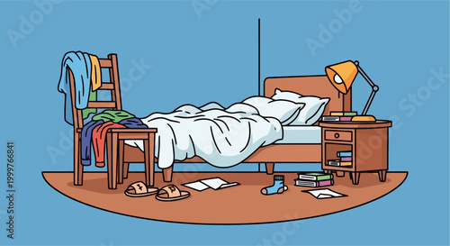 a messy bedroom with a bed and chair.