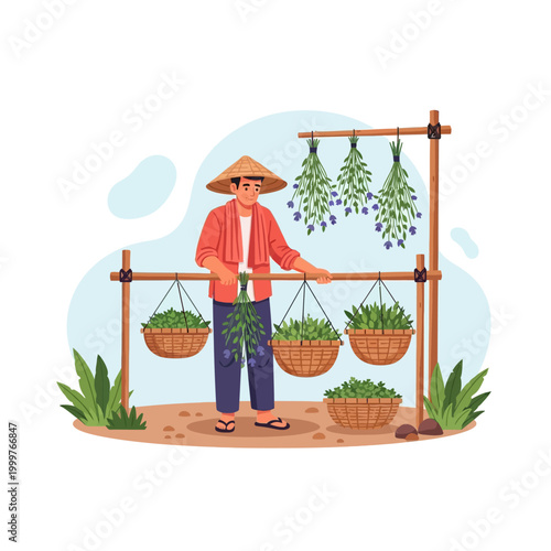 Farmer drying herbs and plants outdoors in baskets.