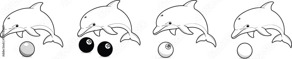 Fototapeta premium Cartoon Dolphin Illustrations Playing with Billiard Balls in Various Poses for Fun, Sport, and Animal Themes