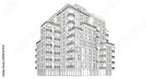 Detailed Line Drawing of Modern Multi-Story Building.
