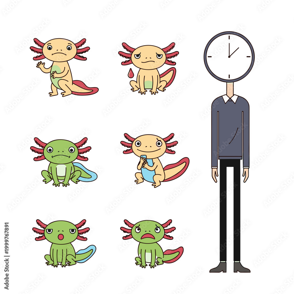 Fototapeta premium Axolotl Character Set with Human Figure