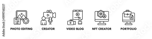 Creator Economy web icon illustration concept with icon of photo editing, creator, video blog, nft creator, and portfolio
