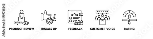 Feedback and Review banner web icon illustration concept with icon of product review, thumbs up, feedback, customer voice, and rating