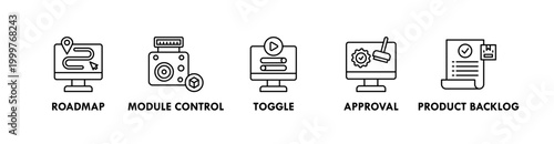 Feature Management web icon illustration concept with icon of roadmap, module control, toggle, approval, and product backlog