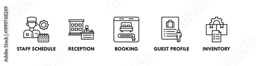 Hotel Management web icon illustration concept with icon of staff schedule, reception, booking, guest profile, and inventory