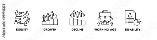 Demography web icon illustration concept with icon of density, growth, decline, working age, and disability