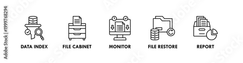 Archive System web icon illustration concept with icon of data index, file cabinet, monitor, file restore, and report