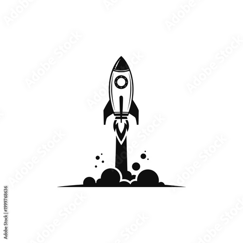 Minimalist black and white rocket launch icon graphic.