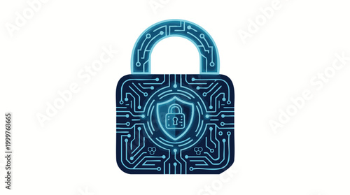 A glowing neon blue padlock icon featuring intricate electronic circuit board lines and a central shield symbol, representing data protection, encryption, and network security, isolated on a white bac