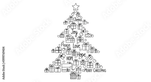 Fotografie Hand drawn Christmas tree made of gift boxes and festive words.