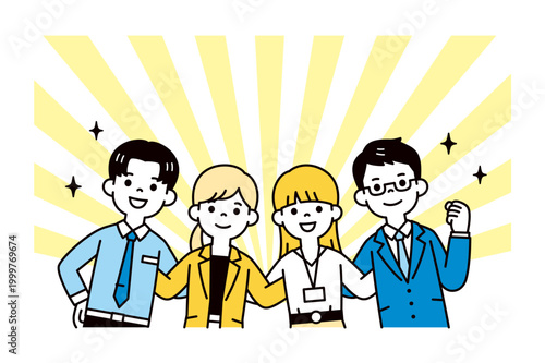 肩を組んでチームで頑張る、若いビジネスマン・ビジネスウーマンの上半身ベクターイラスト素材