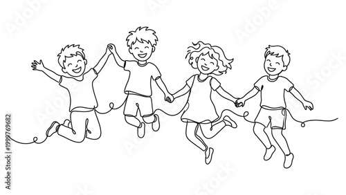 Children jumping and playing together outdoors.