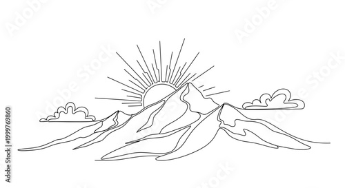 Foto Sunrise over mountain range, line art illustration, minimalist, vector