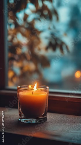 Warm candlelight on a wooden windowsill a cozy, tranquil moment captured indoors against the blurred autumn evening, evoking peace and comfort