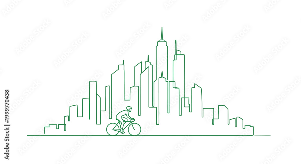 Fototapeta premium Cyclist in Modern City Skyline, Urban Landscape, Eco-Friendly Transportation