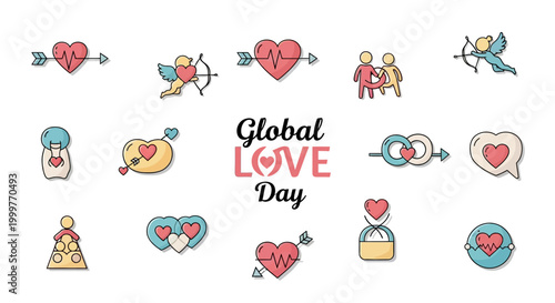 A flat lay of Global Love Day icons features a heart pierced by an arrow, a cherub, and diverse couples, all with a consistent outline style, set against a clean white background, promoting