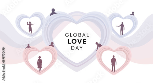 An illustration promoting unity and harmony on Global Love Day, depicting human silhouettes within heart shapes arranged in a layered design, conveying a concept of caring and sharing