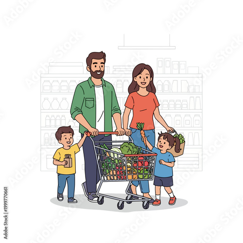Family Shopping Together Pushing a Full Grocery Cart.