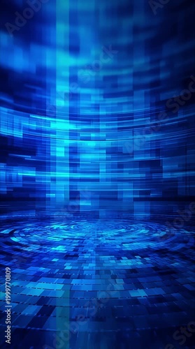 Abstract Futuristic Digital Blue Room with Glowing Grid Lines and Textured Floor - High-Tech Technology Backdrop