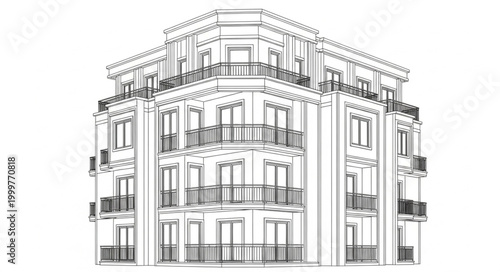 Detailed Line Drawing of a Multi-Story Building Facade.