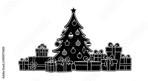 Black silhouette of a decorated Christmas tree with many gift boxes.