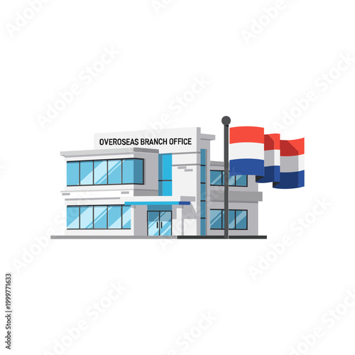 Modern overseas branch office building with Dutch flags.