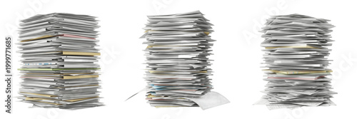 Photos Extremely Tall Stack of White Paper Documents - Concept for Bureaucracy, Information Overload, Administrative Workload, Office Archive Filing, and Business Data Management Challenges
