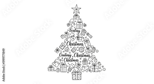 Hand drawn Christmas tree shape made of gifts and presents.