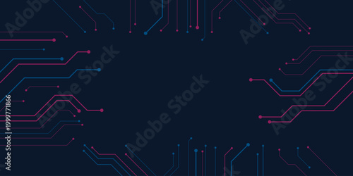 Dark tech circuit board background with neon lines and digital connection pattern