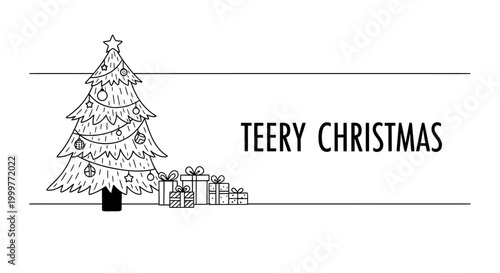 Hand drawn Christmas tree and gift boxes sketch with holiday text.